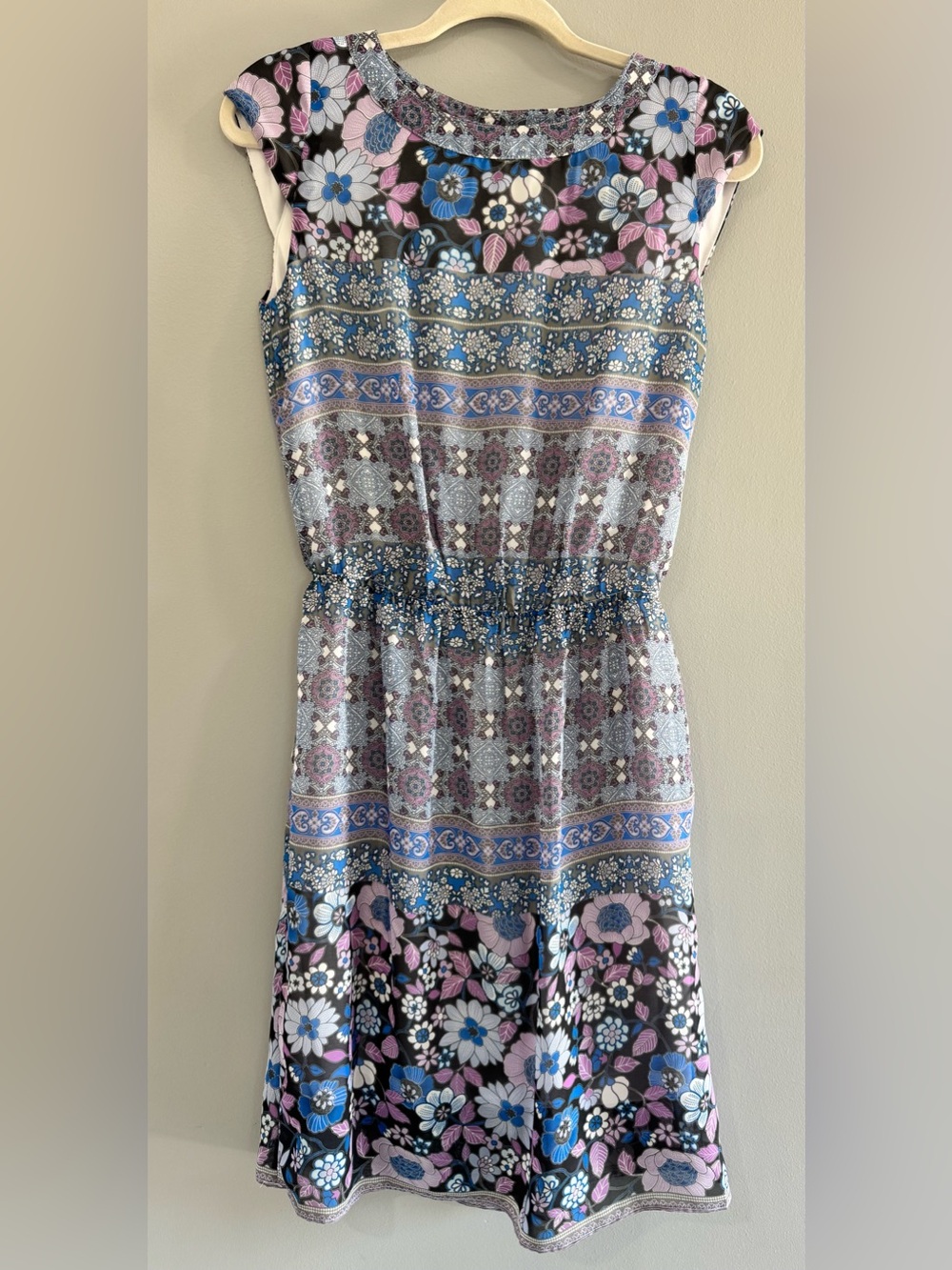 dressbarn Black Floral Boho Midi Dress with Blue and Pink Accents